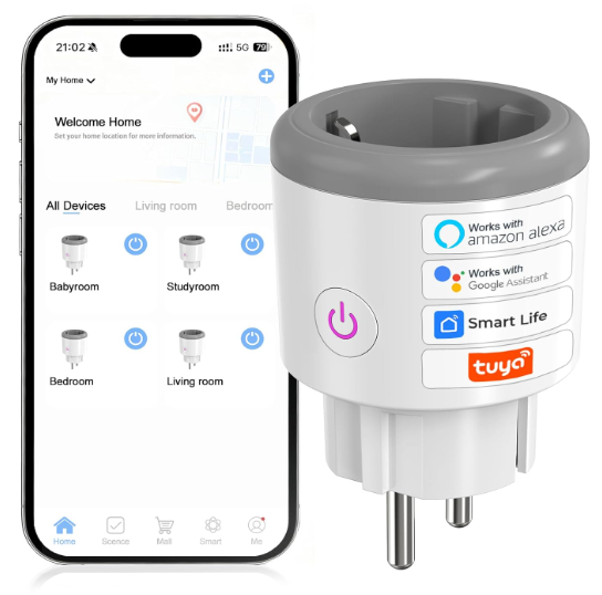 Enchufe inteligente WiFi 16A con Bluetooth, monitor de energía, temporizador y control por voz. Compatible con Alexa, Google Home y Tuya/Smart Life.